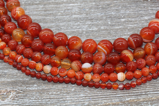 Red Stripe Agate Beads, Natural Gemstone Smooth Round Beads, Sizes 4mm 6mm 8mm 10mm 12mm, Full Strand 15.5 inch, #34