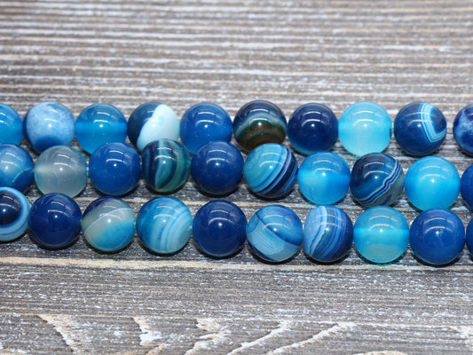 Blue Stripe Agate Beads, Natural Gemstone Smooth Round Beads, Sizes 4mm 6mm 8mm 10mm 12mm, Full Strand 15.5 inch, #38
