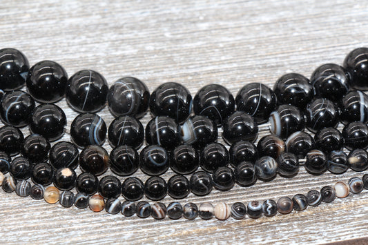 Black Stripe Agate Beads, Natural Gemstone Smooth Round Beads, Sizes 4mm 6mm 8mm 10mm 12mm, Full Strand 15.5 inch, #39