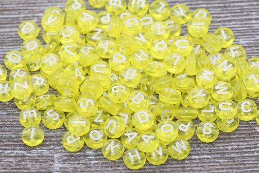 Yellow Alphabet Letter Beads, Translucent Acrylic Yellow Letters Beads, Round Acrylic Beads, Mix Letters Beads, Name Beads 7mm #126