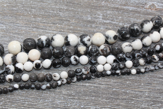 Zebra Jasper Beads, Black and White Zebra Beads, Smooth Gemstones Round Beads, Sizes 4mm 6mm 8mm 10mm,12mm, Full Strand 15.5 inch, #41