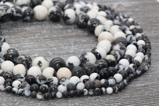 Zebra Jasper Beads, Black and White Zebra Beads, Smooth Gemstones Round Beads, Sizes 4mm 6mm 8mm 10mm,12mm, Full Strand 15.5 inch, #41