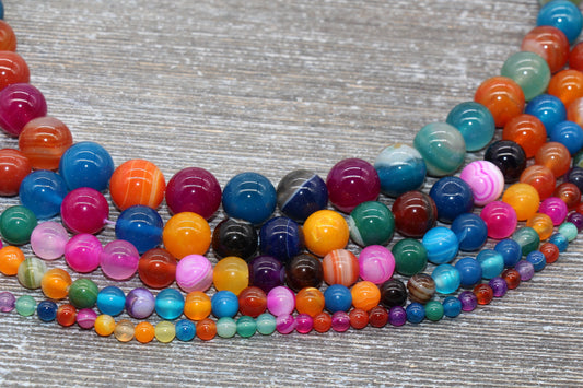 Rainbow Stripe Agate Beads, Multicolor Stripe Agate Beads, Smooth Gemstones Round Beads, Sizes 4mm 6mm 8mm 10mm,12mm, Full Strand 15.5" #49