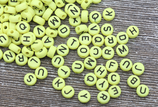 Yellow Green Alphabet Letter Beads, Acrylic Yellow and Black Letters Beads, Round Acrylic Beads, ABC Letter Beads, Name Beads 7mm #36