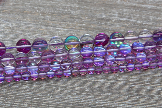 Purple Mystic Aura Quartz Beads, Holographic Gemstone Smooth Round Loose Beads, Iridescent Beads, Sizes 6mm 8mm 10mm 12mm, Full Strand #59