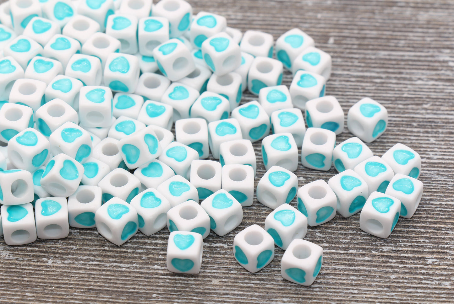 Baby Blue Heart Cube Beads, Blue and White Acrylic Heart Cube Beads, Heart Square Beads, Size 7mm #173