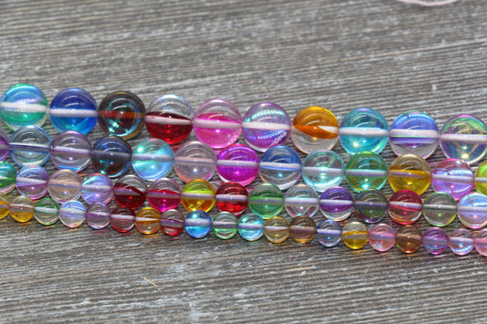 Multicolored Mystic Aura Quartz Beads, Holographic Gemstone Smooth Round Loose Beads, Iridescent Beads, Sizes 6mm 8mm 10mm 12mm, #115