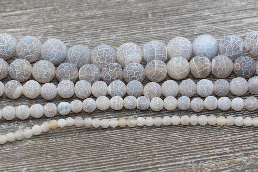Gray Effloresce Agate Beads, Crackled Agate Bead, Frosted Round Matte Gemstone Loose Beads, 4mm 6mm 8mm 10mm 12mm, Full Strand, #129