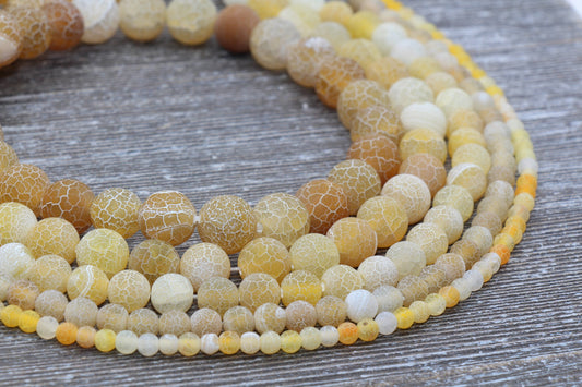 Yellow Effloresce Agate Beads, Crackled Agate Bead, Frosted Round Matte Gemstone Loose Beads, 4mm 6mm 8mm 10mm 12mm, Full Strand, #132