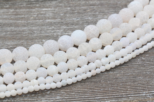 White Effloresce Agate Beads, Frosted Agate Beads, Crackled Agate Bead, Round Matte Gemstone Beads, Sizes 6mm 8mm 10mm, Full Strand #110