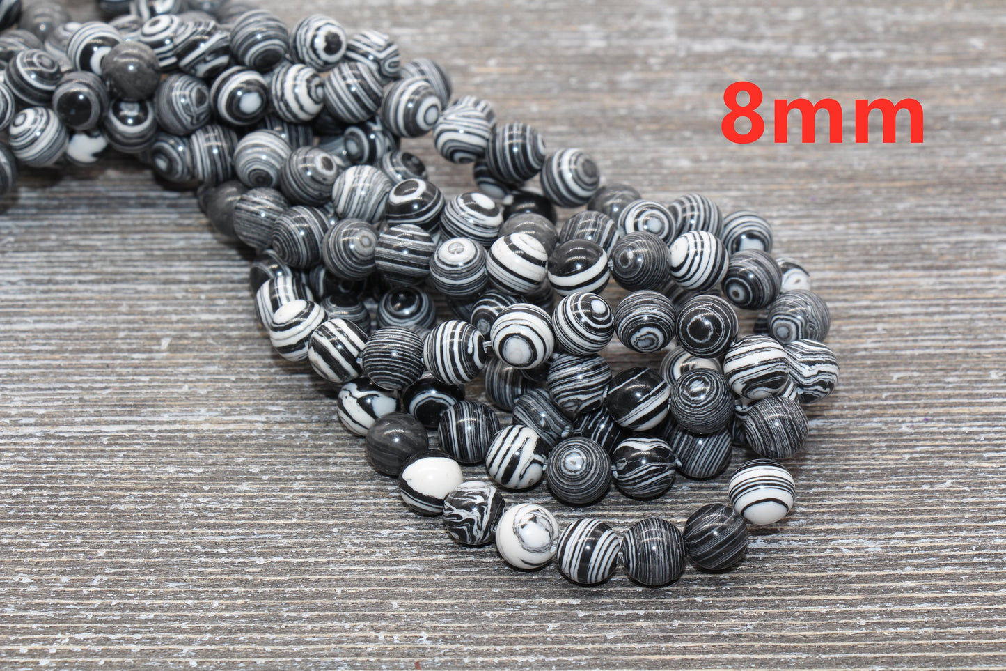 Peacock Stone Beads, Black White Malachite Synthetic Beads, Smooth Gemstone Round Beads, Sizes 4mm 6mm 8mm 10mm 12mm, Full Strand, #100