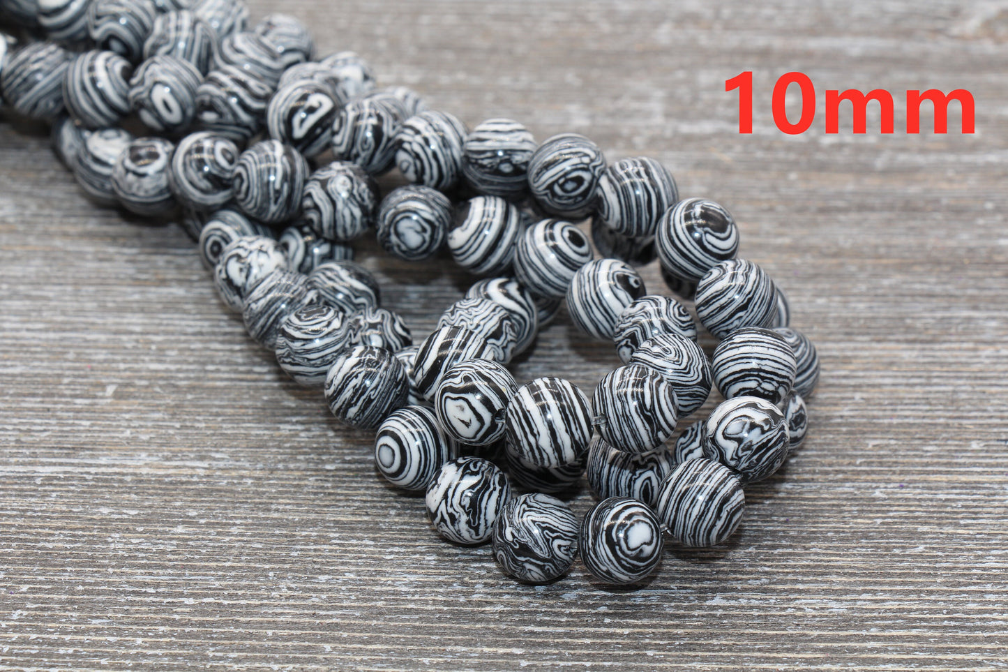 Peacock Stone Beads, Black White Malachite Synthetic Beads, Smooth Gemstone Round Beads, Sizes 4mm 6mm 8mm 10mm 12mm, Full Strand, #100
