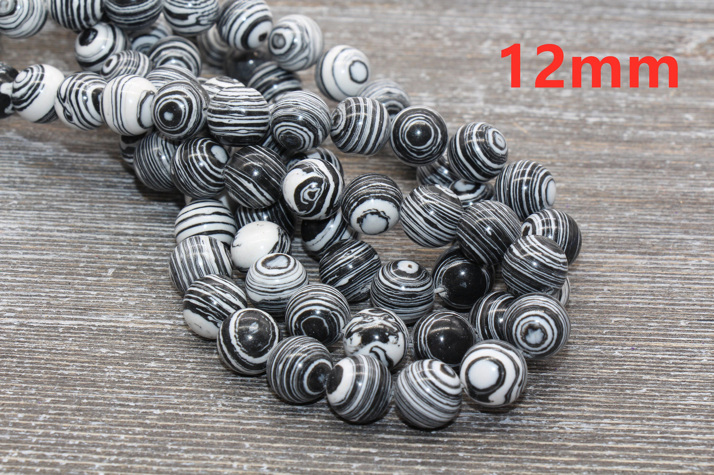 Peacock Stone Beads, Black White Malachite Synthetic Beads, Smooth Gemstone Round Beads, Sizes 4mm 6mm 8mm 10mm 12mm, Full Strand, #100
