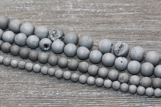 Silver Gray Druzy Agate Beads, Round Matte Gemstone Loose Beads, 6mm 8mm 10mm 12mm, Full Strand, #150