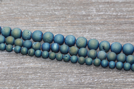 Blue Druzy Agate Beads, Round Matte Gemstone Loose Beads, 6mm 8mm 10mm, Full Strand, #154