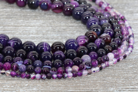 Purple Stripe Agate Beads, Natural Gemstone Smooth Round Beads, Sizes 4mm 6mm 8mm 10mm 12mm, Full Strand 15.5 inch, #106