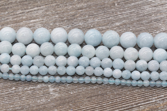 Aquamarine Beads, Natural Gemstone Smooth Round Beads, Sizes 4mm 6mm 8mm 10mm 12mm, Full Strand 15.5 inch, #4