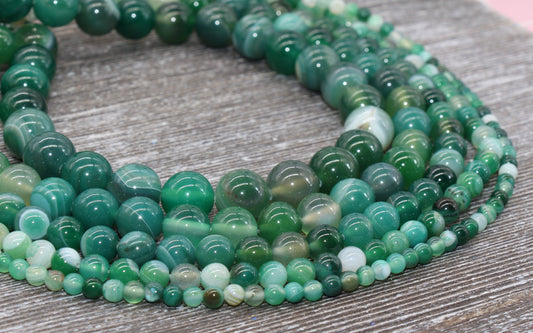 Green Stripe Agate Beads, Natural Gemstone Smooth Round Beads, Sizes 4mm 6mm 8mm 10mm 12mm, Full Strand 15.5 inch, #32