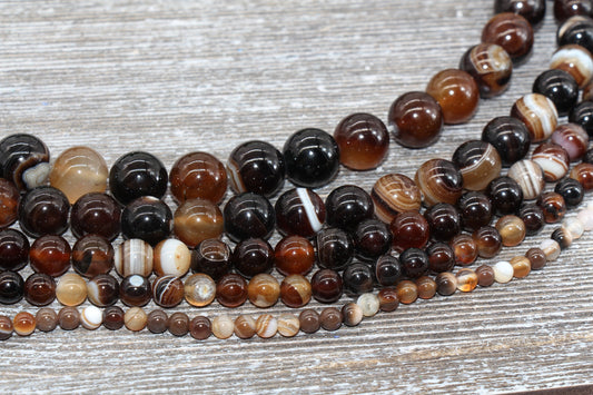 Brown Stripe Agate Beads, Natural Gemstone Smooth Round Beads, Sizes 4mm 6mm 8mm 10mm 12mm, Full Strand 15.5 inch, #33