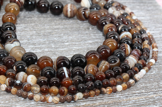 Brown Stripe Agate Beads, Natural Gemstone Smooth Round Beads, Sizes 4mm 6mm 8mm 10mm 12mm, Full Strand 15.5 inch, #33