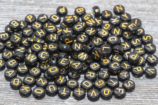 Gold Alphabet Letter Beads, Acrylic Black and Gold Letters Beads, Round Acrylic Beads, Mix Letter Beads, Name Beads, 7mm #134