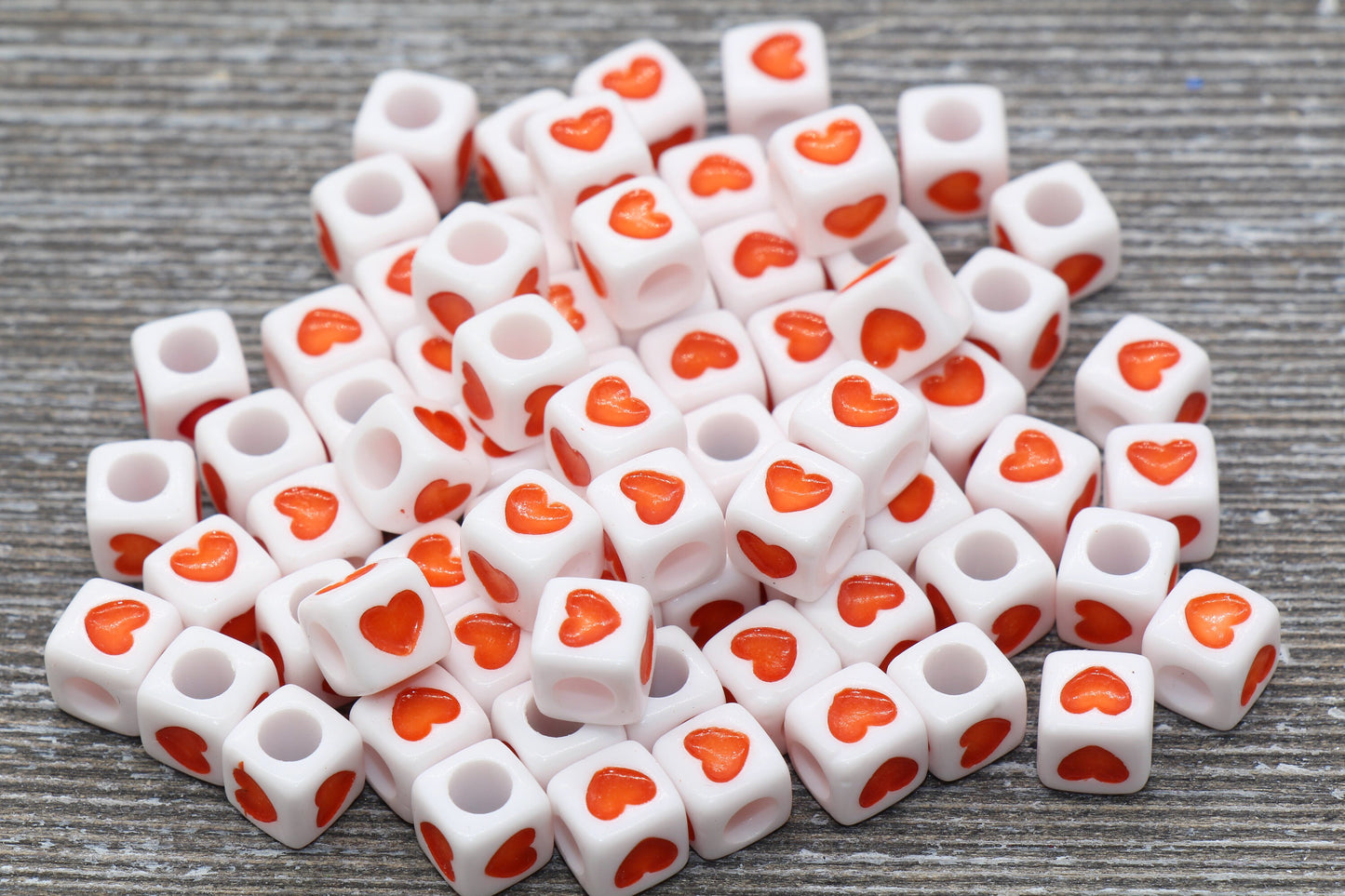 Orange Heart Cube Beads, Orange and White Acrylic Heart Cube Beads, Heart Square Beads, Heart Symbol Beads Size 7mm #167