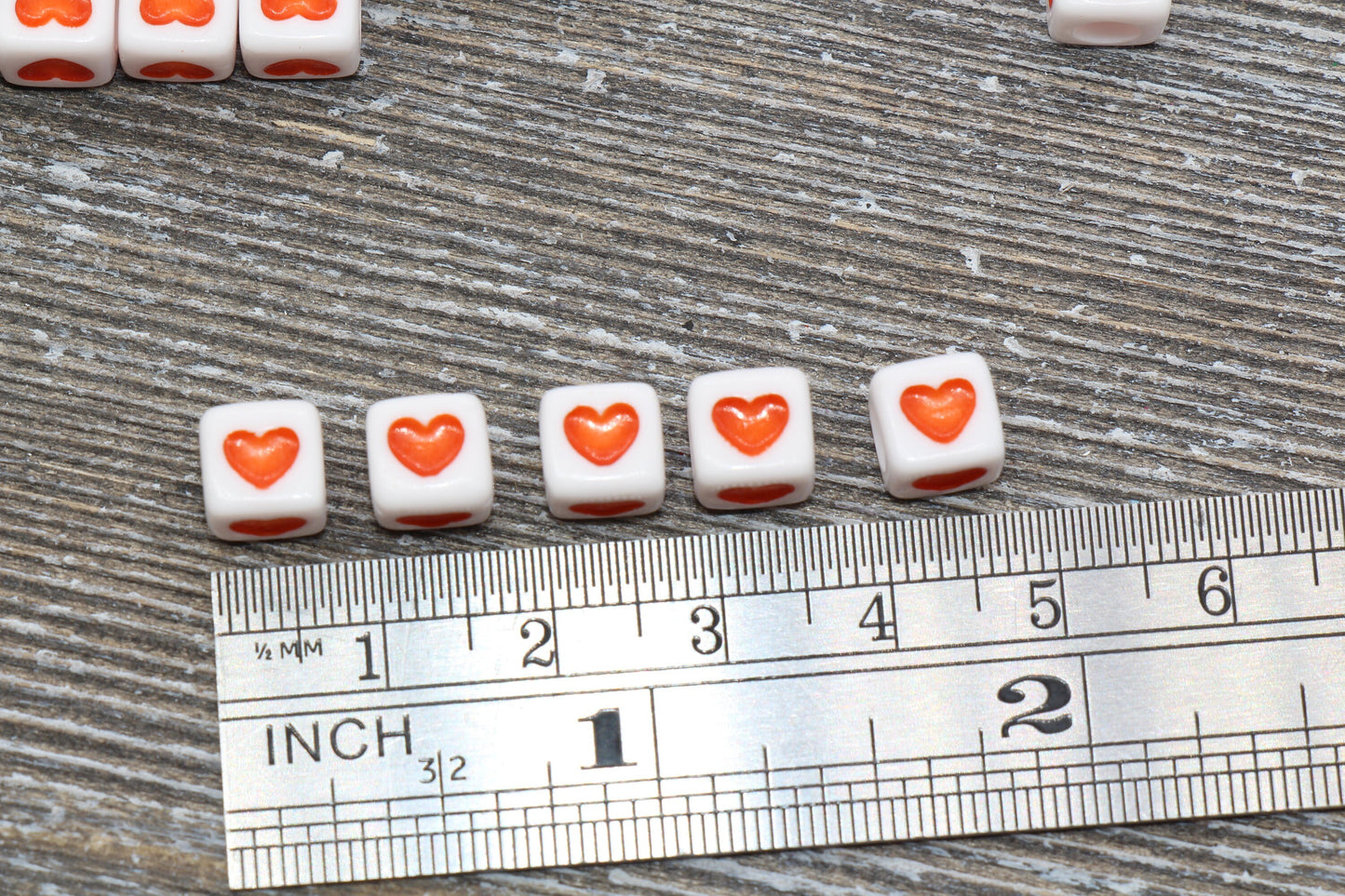 Orange Heart Cube Beads, Orange and White Acrylic Heart Cube Beads, Heart Square Beads, Heart Symbol Beads Size 7mm #167