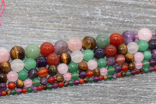 Mixed Stone Beads, Multi Stone Beads, Smooth Gemstones Round Beads, Sizes 4mm 6mm 8mm 10mm,12mm, Full Strand 15.5 inch, #42