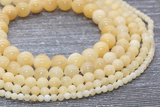 Pastel Yellow Jade Beads, Smooth Gemstone Round Loose Beads, Sizes 6mm 8mm 10mm, Full Strand 15.5" #51