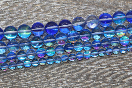 Royal Blue Mystic Aura Quartz Beads, Holographic Gemstone Round Loose Beads, Iridescent Beads, Sizes 6mm 8mm 10mm 12mm, Full Strand #54