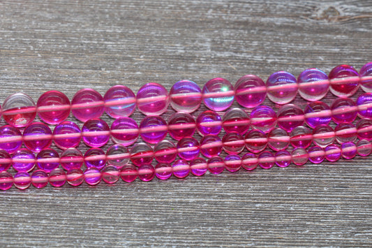 Hot Pink Mystic Aura Quartz Beads, Holographic Gemstone Smooth Round Loose Beads, Iridescent Beads, Sizes 6mm 8mm 10mm 12mm, Full Strand #58