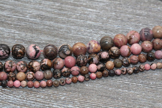 Natural Rhodonite Round Beads, Sizes 4mm 6mm 8mm 10mm, Full Strand 15.5 inch, #103
