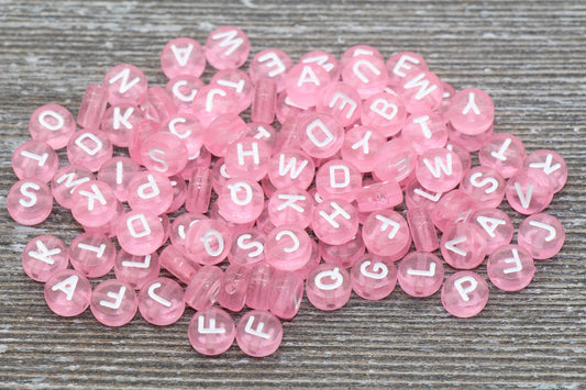 Pink Alphabet Letter Beads, Translucent Acrylic Pink Letters Beads, Round Acrylic Beads, Mixed Letters Beads, Name Beads 7mm #357