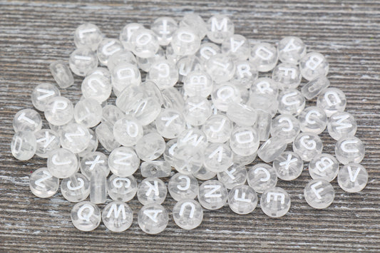 Transparent Clear Alphabet Letter Beads, Acrylic White Clear Letters Beads, Round Acrylic Beads, Mixed Letters Beads, Name Beads 7mm #358