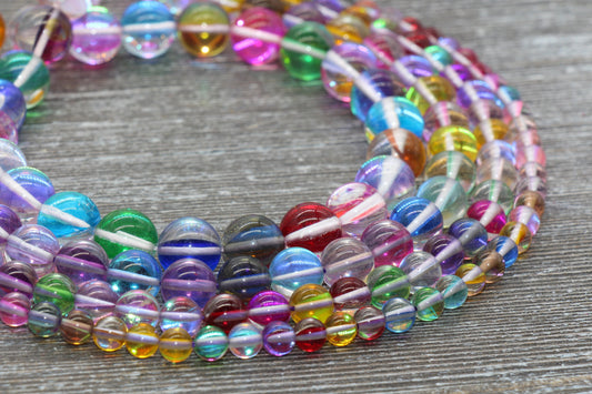 Multicolored Mystic Aura Quartz Beads, Holographic Gemstone Smooth Round Loose Beads, Iridescent Beads, Sizes 6mm 8mm 10mm 12mm, #115