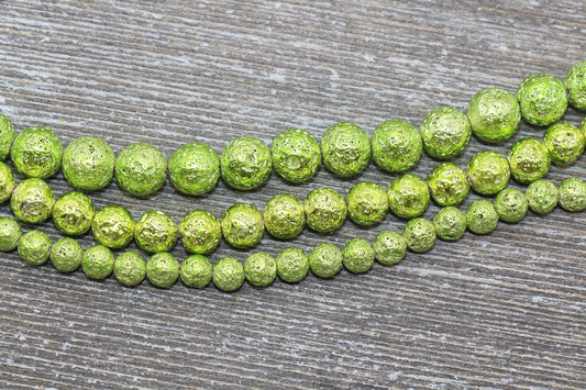 Lava Beads, Green Plating Volcanic Rock Beads, Round Gemstone Beads, Electroplated, Sizes 6mm, 8mm 10mm, Full Strand 15.5 #120