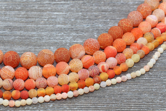 Orange Effloresce Agate Beads, Crackled Agate Bead, Frosted Round Matte Gemstone Loose Beads, 4mm 6mm 8mm 10mm 12mm, Full Strand, #131