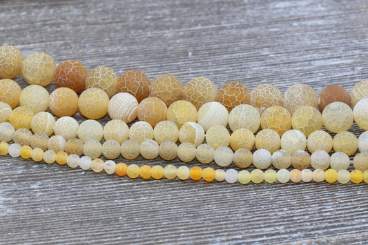 Yellow Effloresce Agate Beads, Crackled Agate Bead, Frosted Round Matte Gemstone Loose Beads, 4mm 6mm 8mm 10mm 12mm, Full Strand, #132