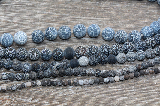 Black Effloresce Agate Beads, Frosted Agate Beads, Crackled Agate Bead, Round Matte Gemstone Beads, 4mm 6mm 8mm 10mm 12mm, Full Strand #111