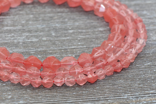 Cherry Quartz Beads, Star Cut Beads, Faceted Gemstones Loose Beads, Diamond Cut Beads, Sizes 6mm 8mm 10mm, Full Strand 15.5 inch, #133