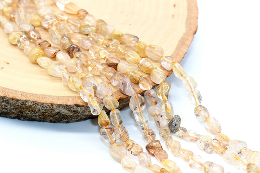 Gold Rutilated Quartz Beads, Rutilated Gemstone Nugget Beads, Loose Beads, Pebble Nugget Beads, Size 6mm-7mm #24