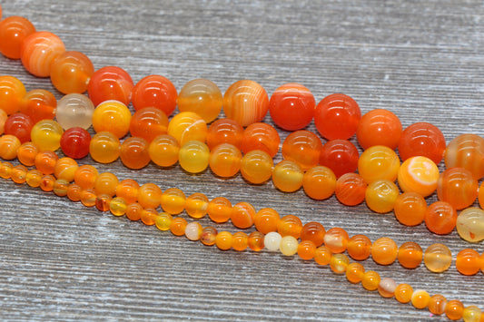 Orange Stripe Agate Beads, Natural Gemstone Smooth Round Beads, Sizes 4mm 6mm 8mm 10mm 12mm, Full Strand 15.5 inch, #134