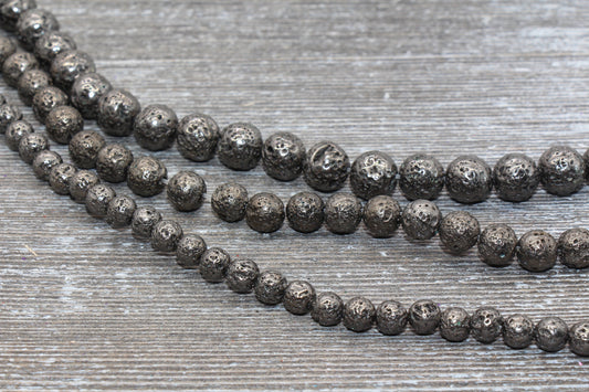 Lava Beads, Gun Metal Plating Volcanic Rock Beads, Round Gemstone Beads, Electroplated, Sizes 6mm, 8mm 10mm, Full Strand 15.5 #139