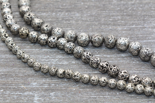 Lava Beads, Silver Plating Volcanic Rock Beads, Round Gemstone Beads, Electroplated, Sizes 6mm, 8mm 10mm, Full Strand 15.5 #140