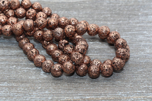 Lava Beads, Antique Rose Gold Plating Volcanic Rock Beads, Round Gemstone Beads, Electroplated, Sizes 6mm, 8mm 10mm, Full Strand 15.5 #141