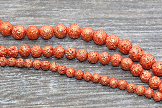 Lava Beads, Orange Plating Volcanic Rock Beads, Round Gemstone Beads, Electroplated, Sizes 6mm, 8mm 10mm, Full Strand 15.5 #142