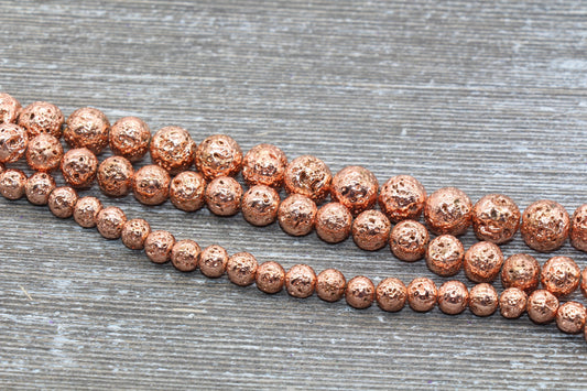 Lava Beads, Rose Gold Plating Volcanic Rock Beads, Round Gemstone Beads, Electroplated, Sizes 6mm, 8mm 10mm, Full Strand 15.5 #143