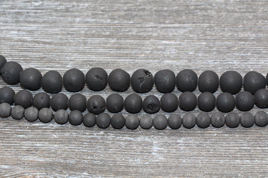 Black Druzy Agate Beads, Round Matte Gemstone Loose Beads, 6mm 8mm 10mm , Full Strand, #161