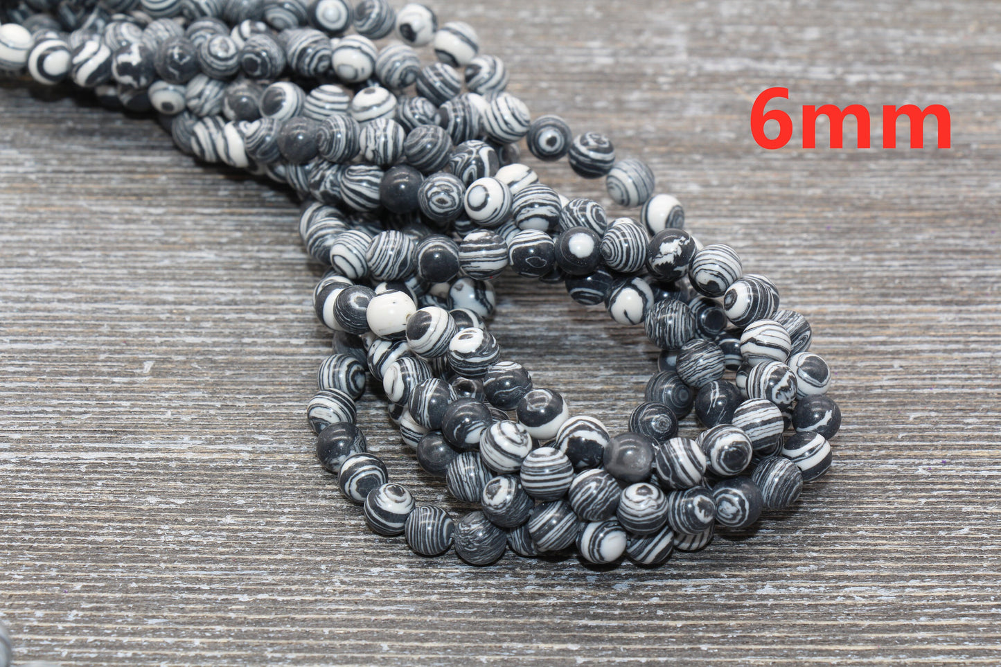 Peacock Stone Beads, Black White Malachite Synthetic Beads, Smooth Gemstone Round Beads, Sizes 4mm 6mm 8mm 10mm 12mm, Full Strand, #100