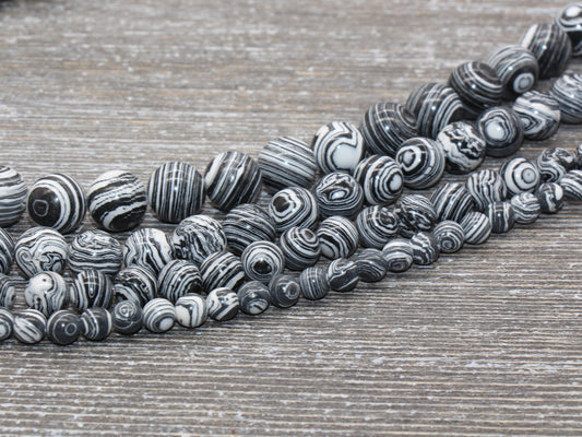 Peacock Stone Beads, Black White Malachite Synthetic Beads, Smooth Gemstone Round Beads, Sizes 4mm 6mm 8mm 10mm 12mm, Full Strand, #100